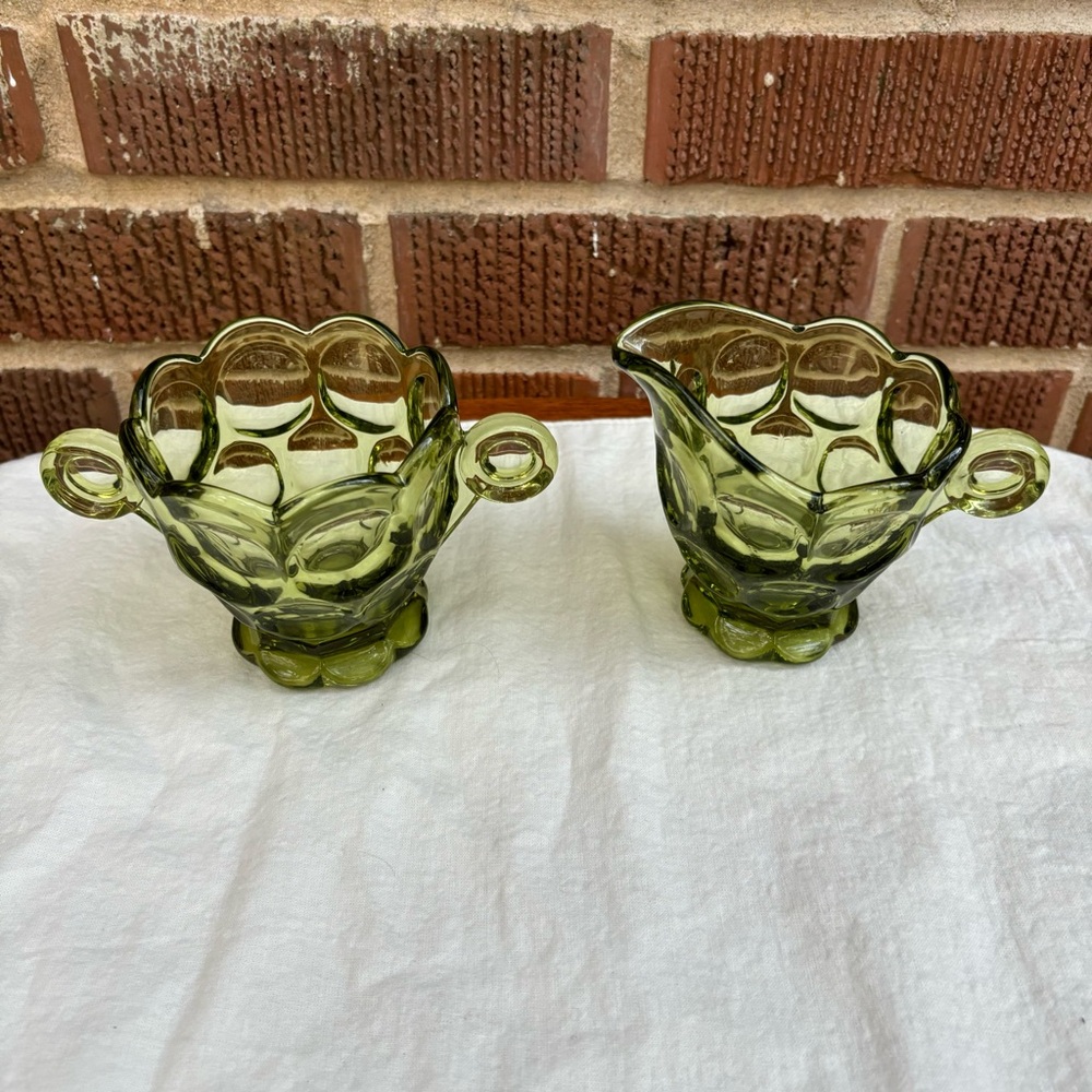 Heisey Glass Imperial Provincial Whirlpool Olive Green Sugar Creamer 2pc Set